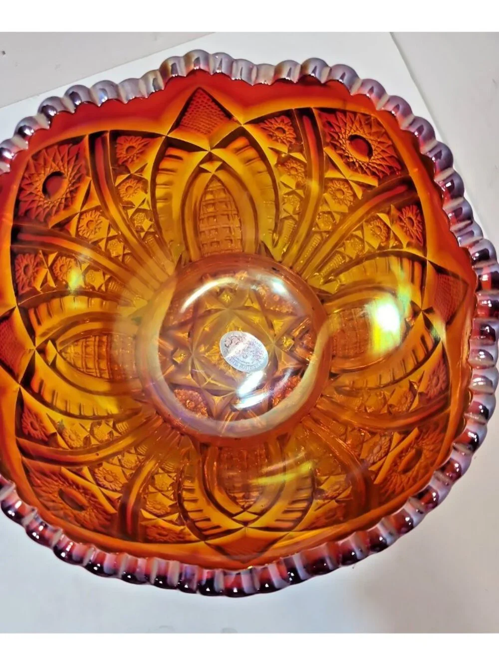 Vintage Indiana Glass Sunset Orange Amberina Heirloom Carnival Glass Bowl 8.5”